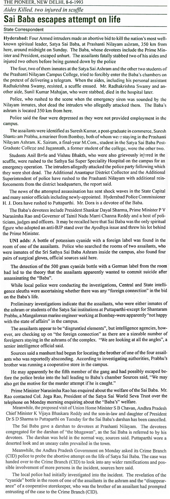 The Pioneer on Sathya Sai Baba Murders